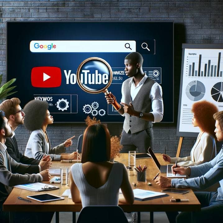 Photo of a modern office setting where a diverse group of professionals are gathered around a large monitor. The screen displays the YouTube logo alongside a magnified search bar. Charts and graphs related to video engagement metrics are on the table. An African male holds a pointer towards the screen, emphasizing the importance of keywords, while a Caucasian female takes notes on her tablet. Behind them, there's a poster that reads 'Maximize SEO with YouTube'.